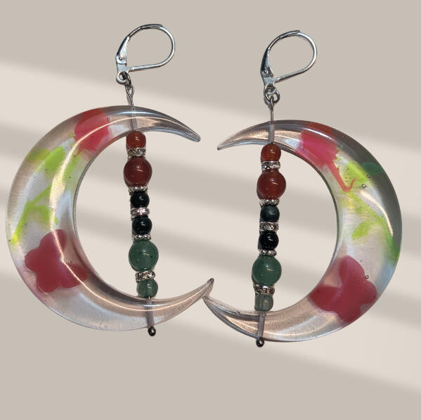 Resin moons with spring flower and butterflies - Natural Stone post with crystal spacers