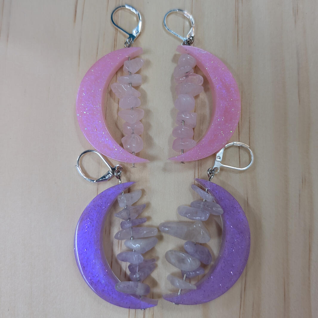 Resin moons with natural stone - Rose Quartz (Top), Amethyst (Bottom)